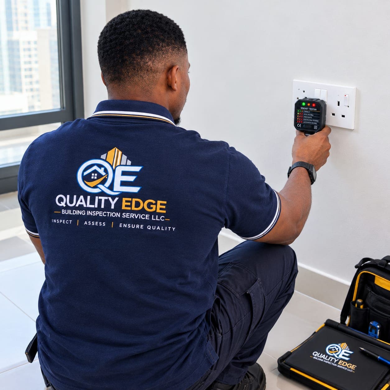 Inspector testing an electrical wall outlet.