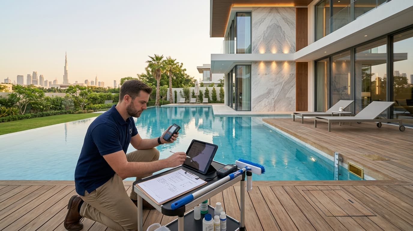 Inspector reviewing an outdoor swimming pool beside the pool deck.